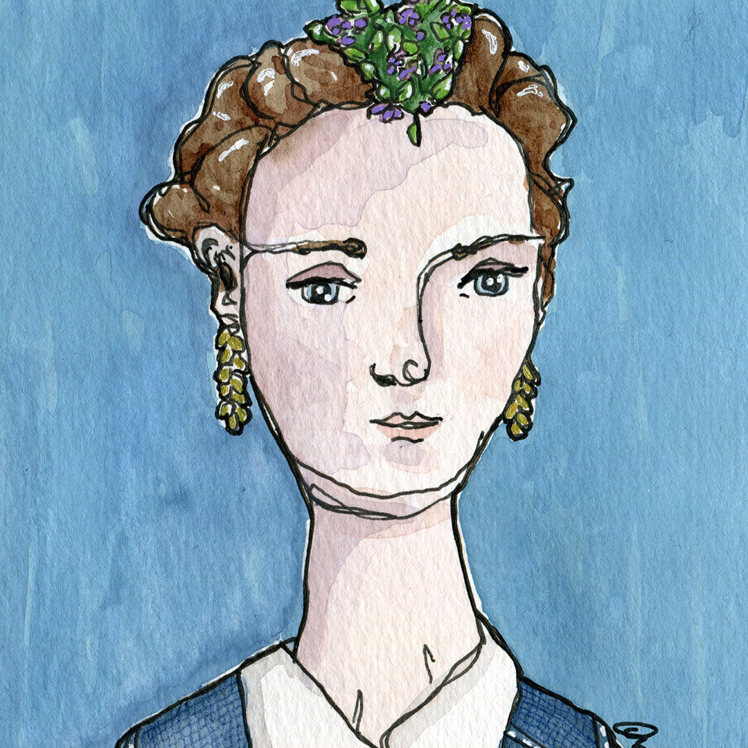 Close up detail of Jane portrait, vintage brunette woman on blue painting in watercolor, gouache and ink from Joan and Rose 